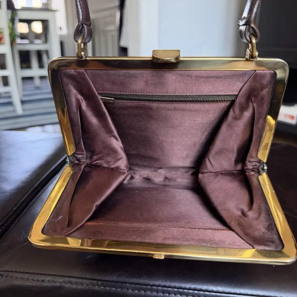 Vintage Block Top Handle Bag Womens Small Brown Leather Gold Frame Evening Purse